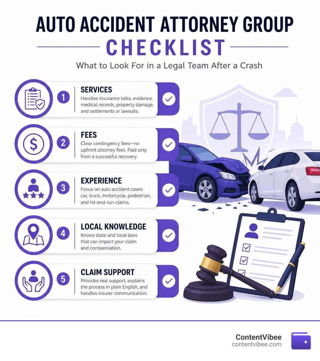 Auto accident attorney group checklist: services, fees, experience, local knowledge, and claim support infographic