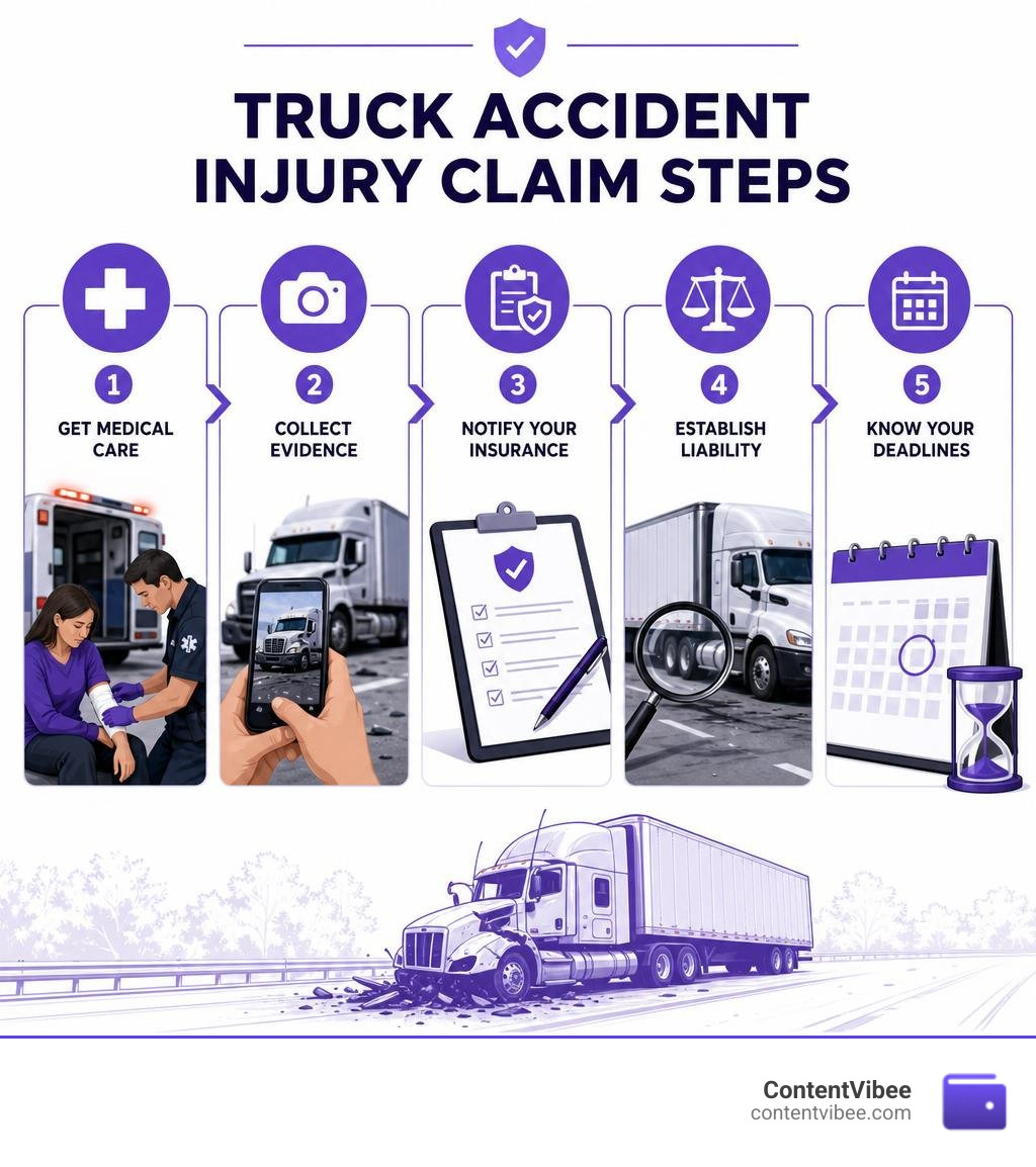Truck accident injury claim steps: medical care, evidence, insurance, liability, deadlines infographic