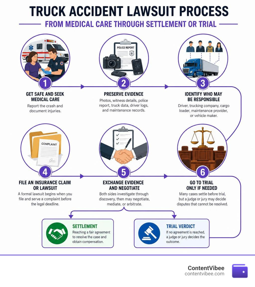 Truck accident lawsuit process from medical care through settlement or trial infographic Truck accident lawsuit process from medical care through settlement or trial infographic