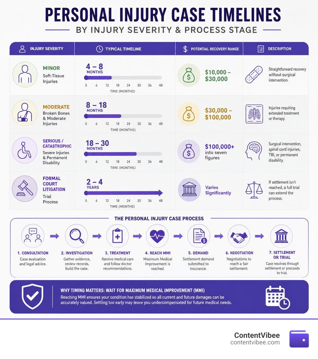 Personal injury case timelines categorized by injury severity and process stage infographic Personal injury case timelines categorized by injury severity and process stage infographic