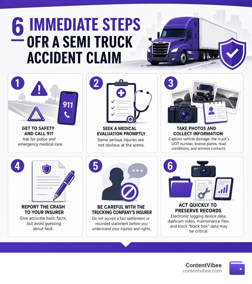 Infographic showing six immediate steps for a semi truck accident claim infographic