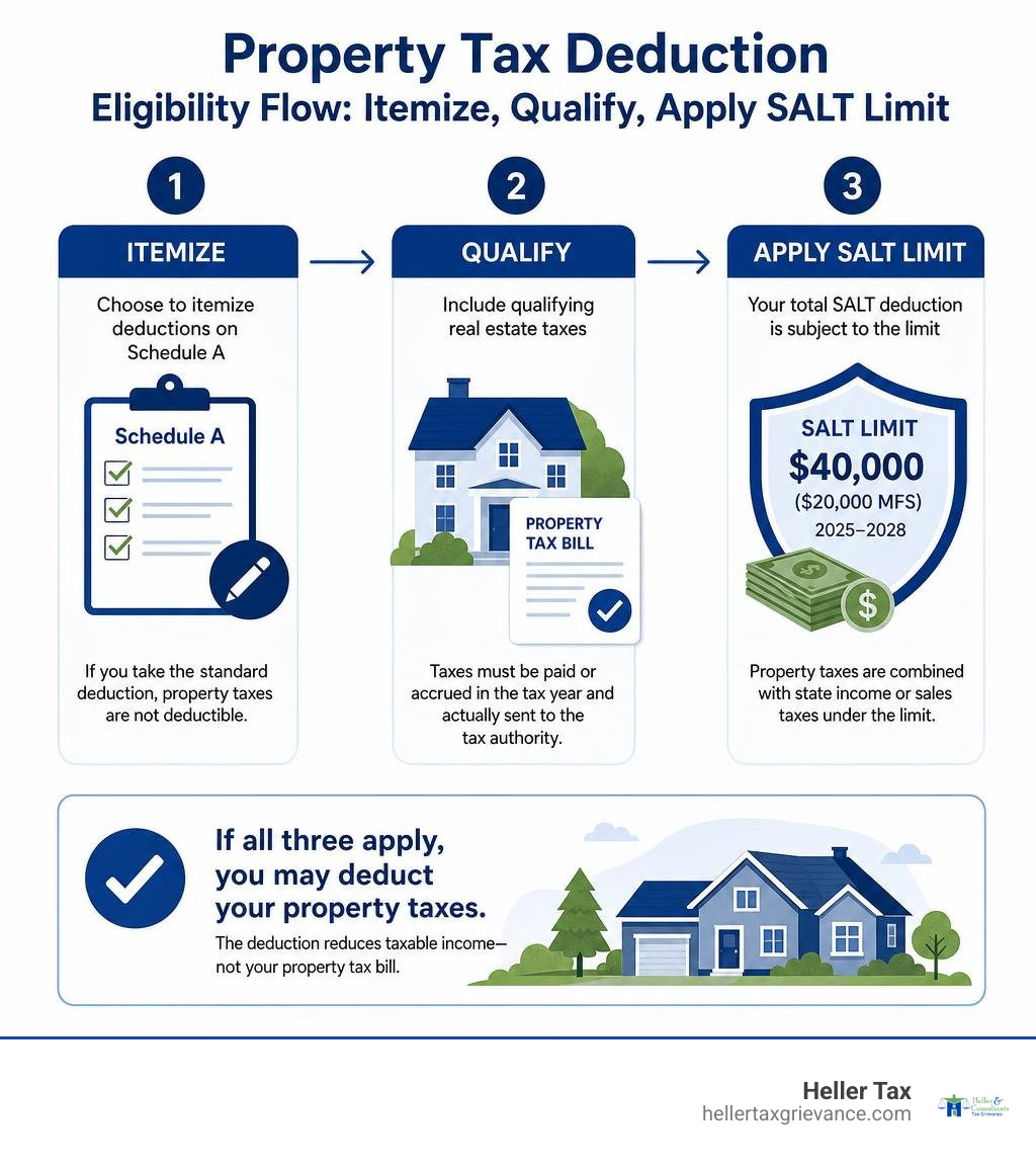 Property tax deduction eligibility flow: itemize, qualify, apply SALT limit infographic Property tax deduction eligibility flow: itemize, qualify, apply SALT limit infographic