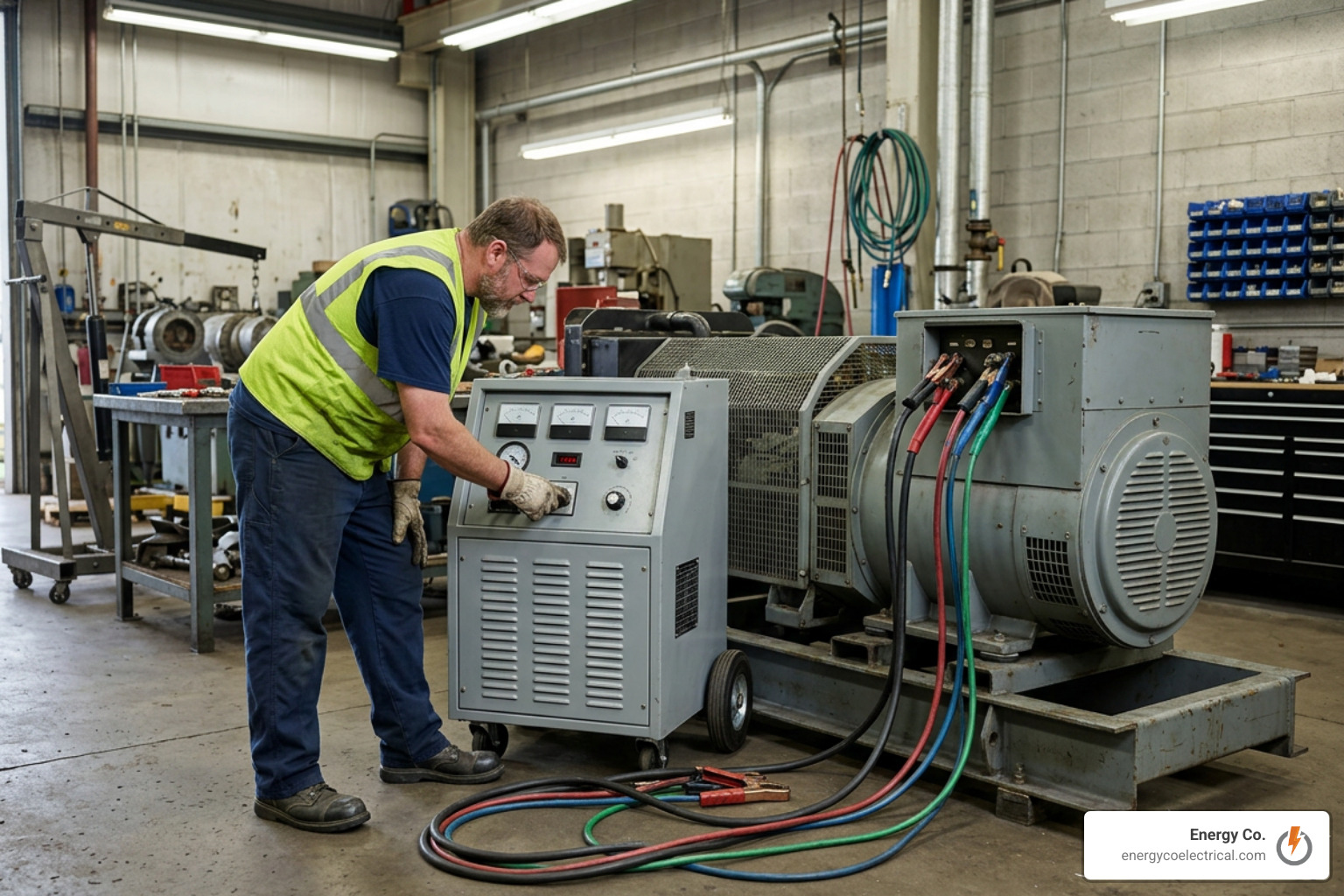 technician performing load bank testing on generator alternator
