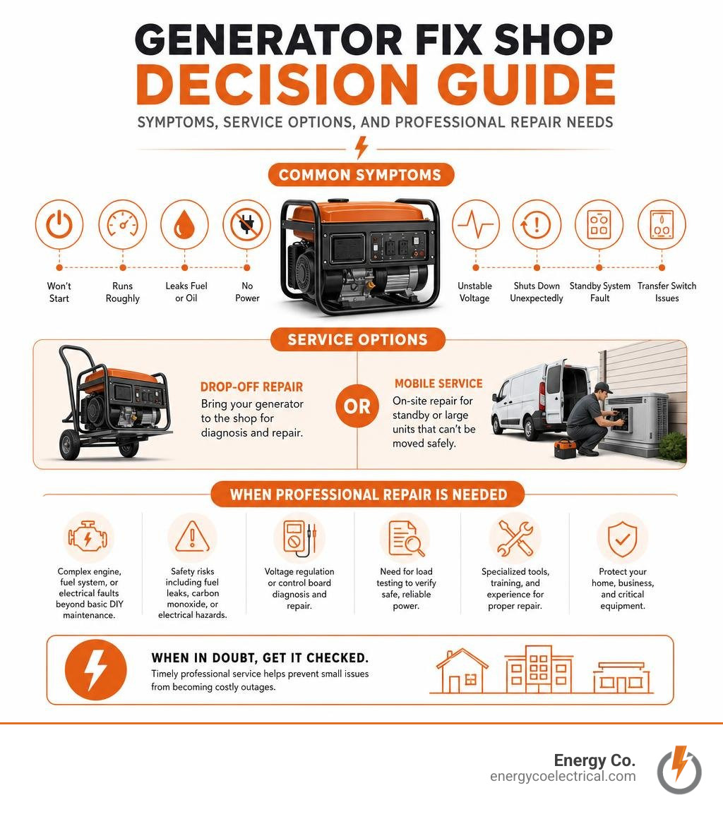 Generator fix shop decision guide: symptoms, service options, and professional repair needs infographic