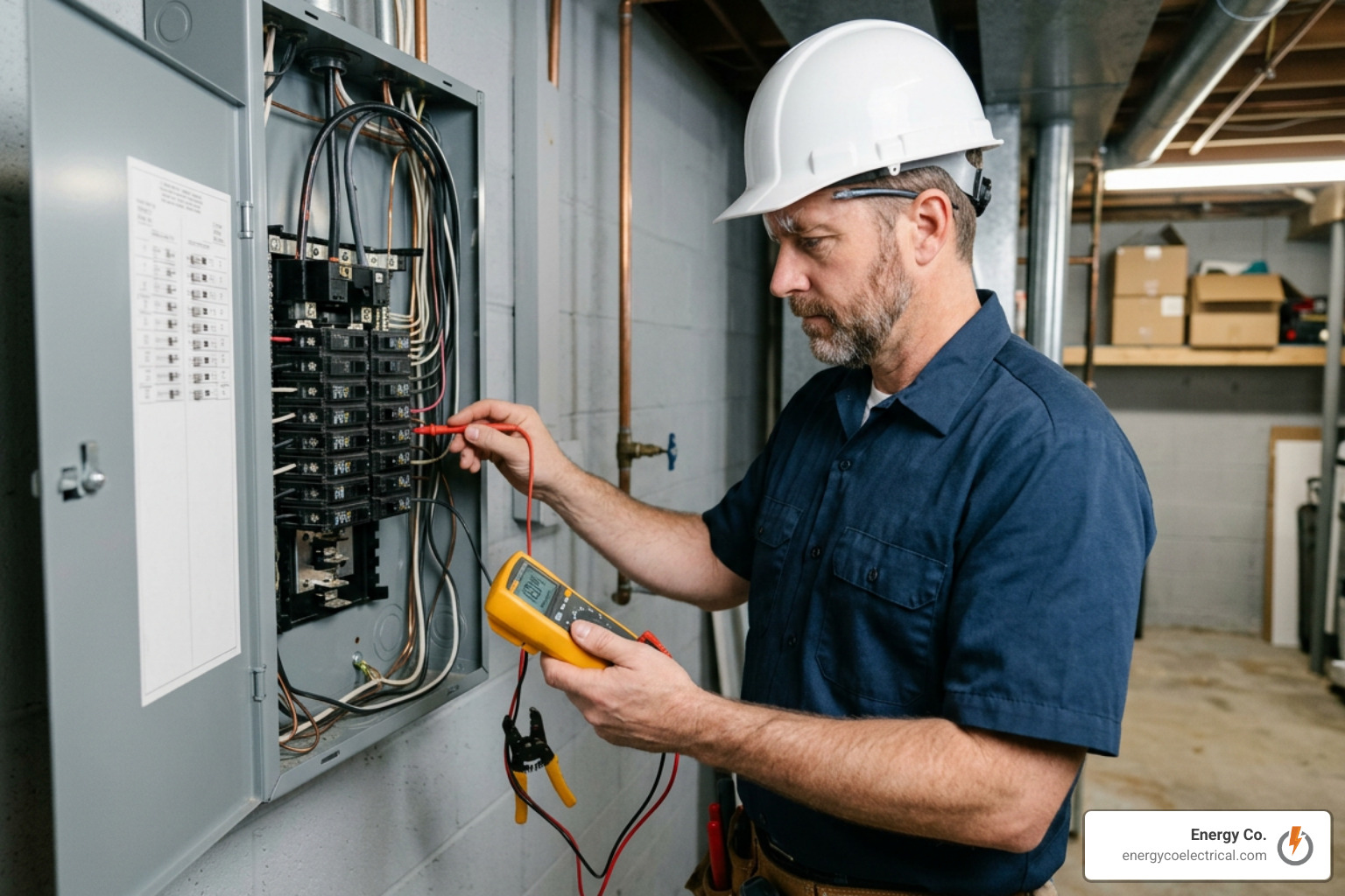 electrician diagnosing an electrical panel with a digital multimeter