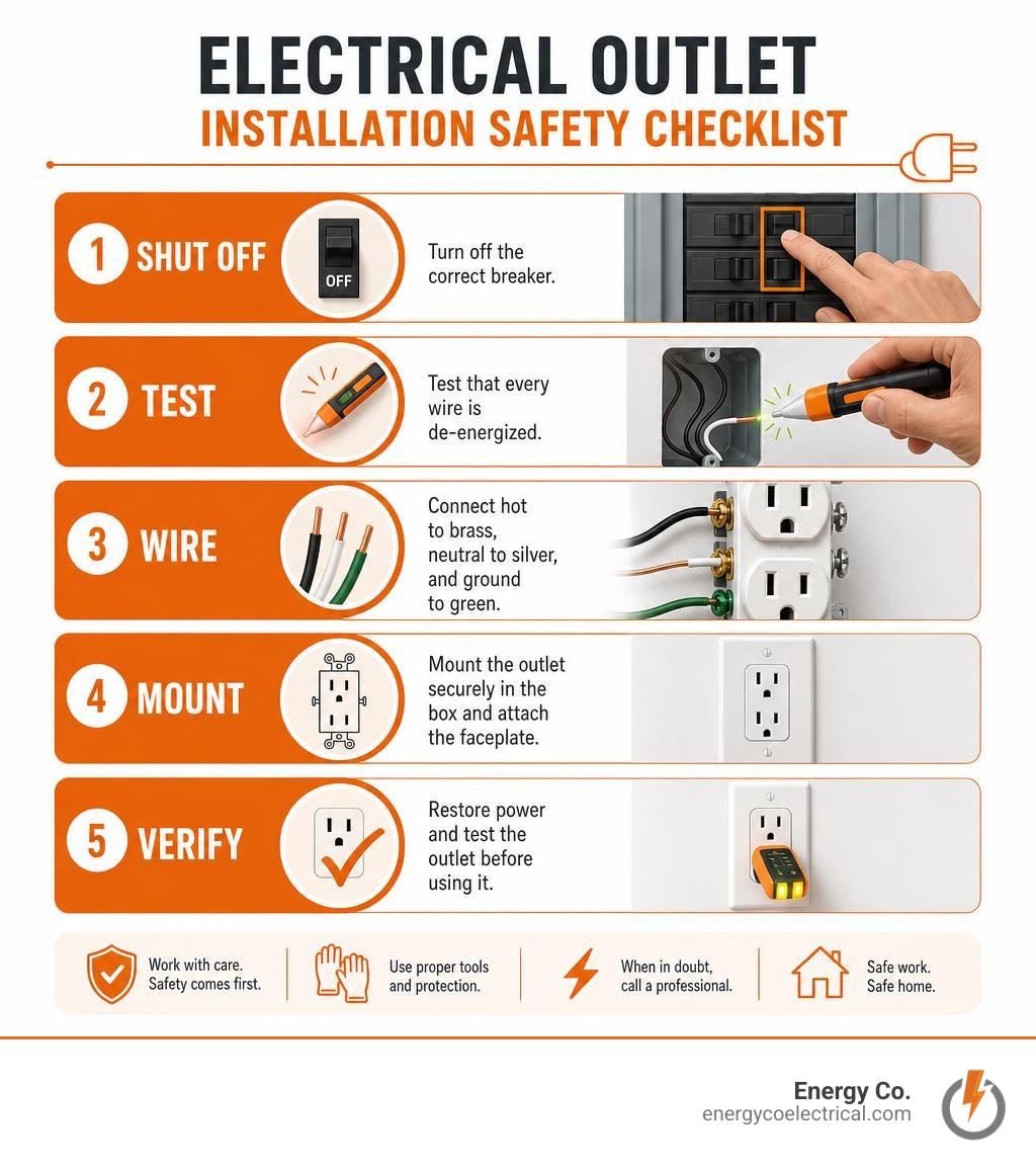 Electrical outlet installation safety checklist: shut off, test, wire, mount, and verify infographic Electrical outlet installation safety checklist: shut off, test, wire, mount, and verify infographic