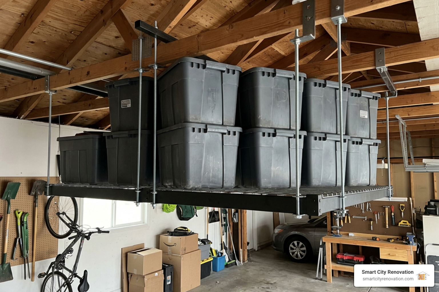 Ceiling mounted overhead storage rack holding heavy totes Ceiling mounted overhead storage rack holding heavy totes
