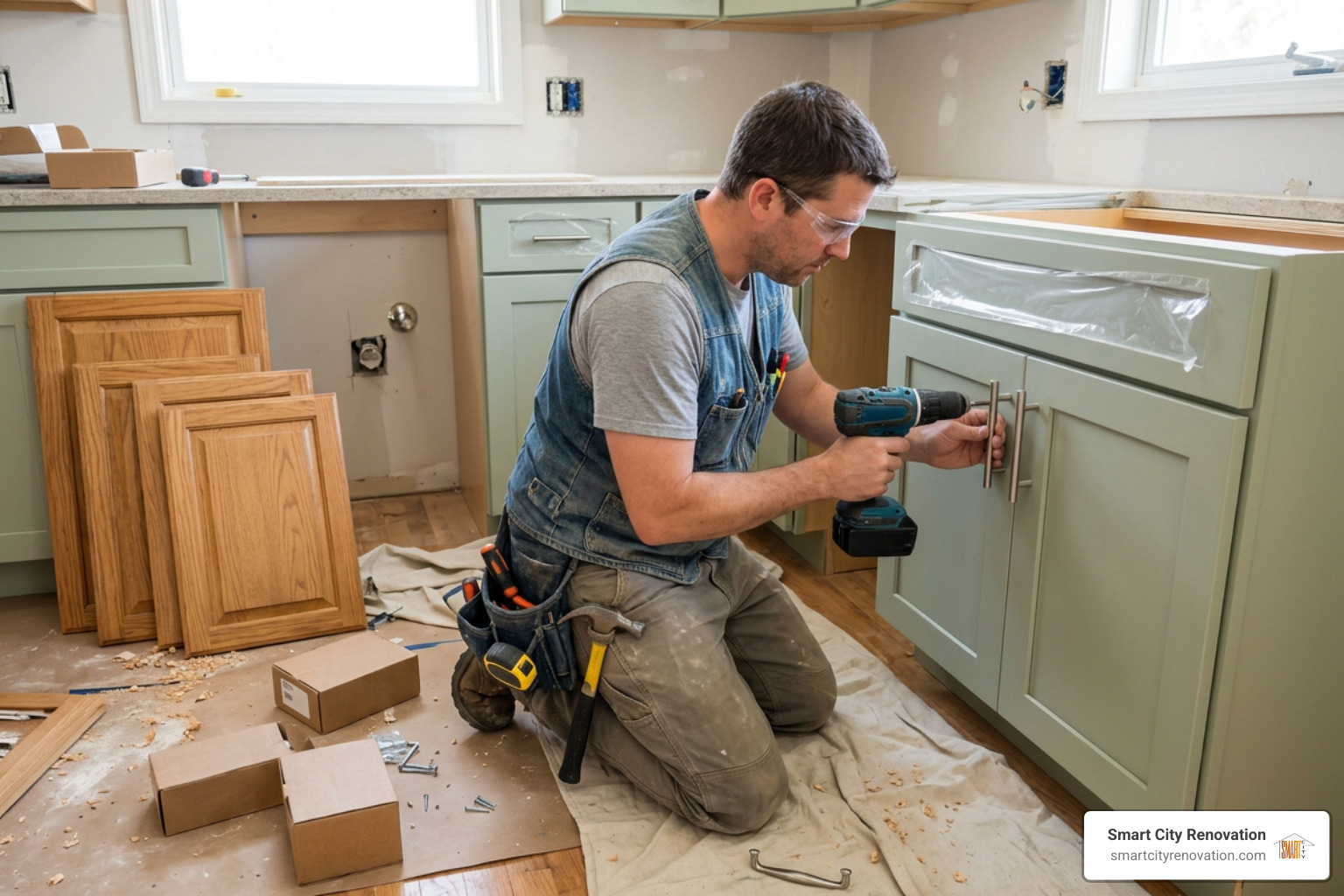 Kitchen cabinet demolition and hardware installation in progress Kitchen cabinet demolition and hardware installation in progress