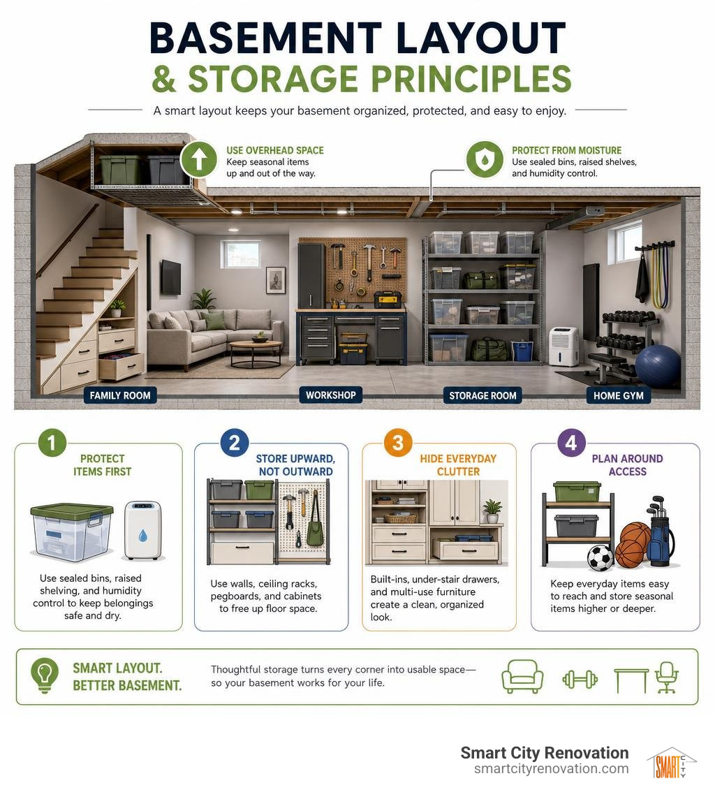 Basement layout and storage principles infographic Basement layout and storage principles infographic
