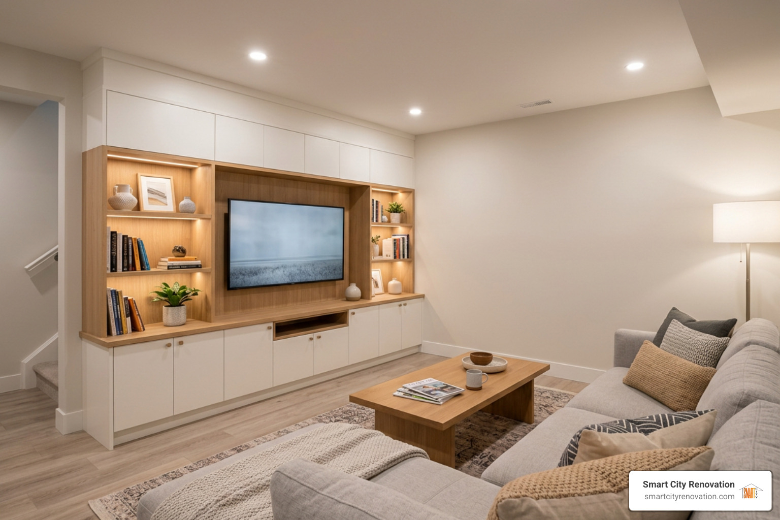 Modern built-in wall cabinets in a finished basement Modern built-in wall cabinets in a finished basement