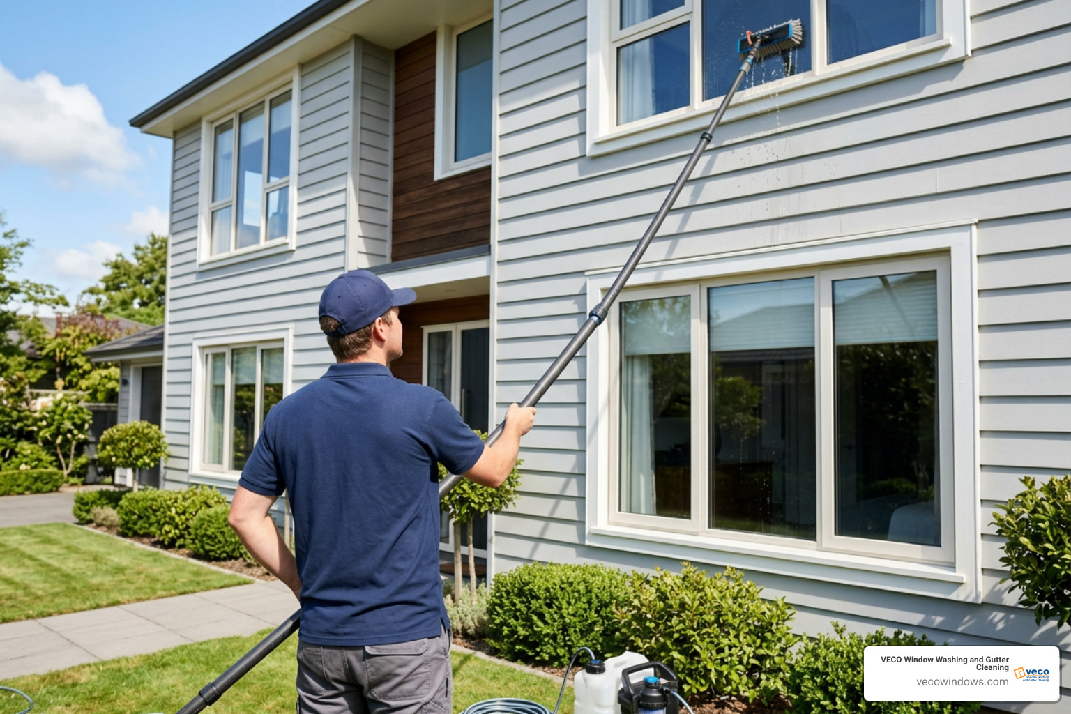 Professional window cleaning technician working on residential windows Professional window cleaning technician working on residential windows