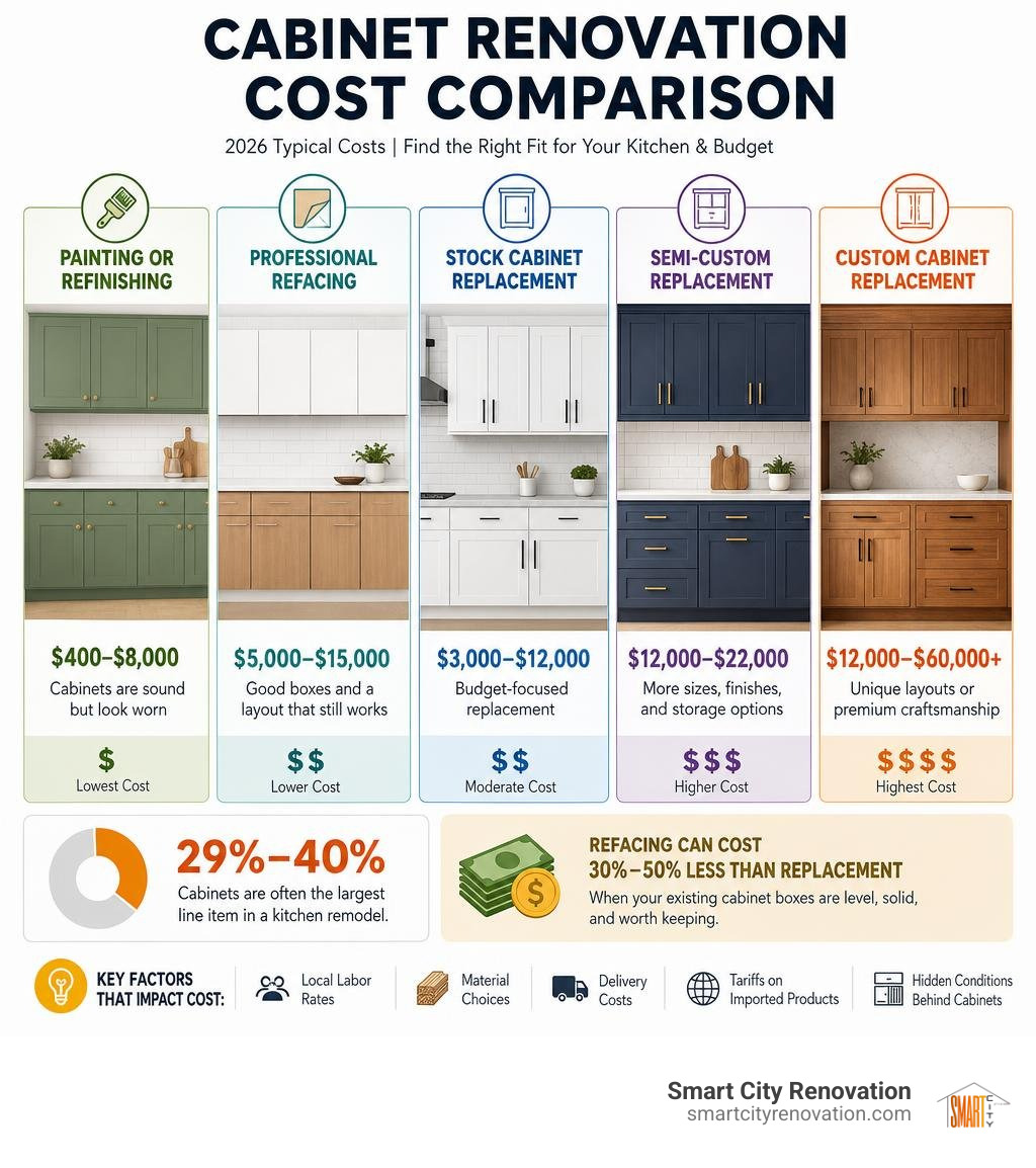 Cabinet renovation cost comparison: painting, refacing, stock, semi-custom, and custom cabinets infographic Cabinet renovation cost comparison: painting, refacing, stock, semi-custom, and custom cabinets infographic