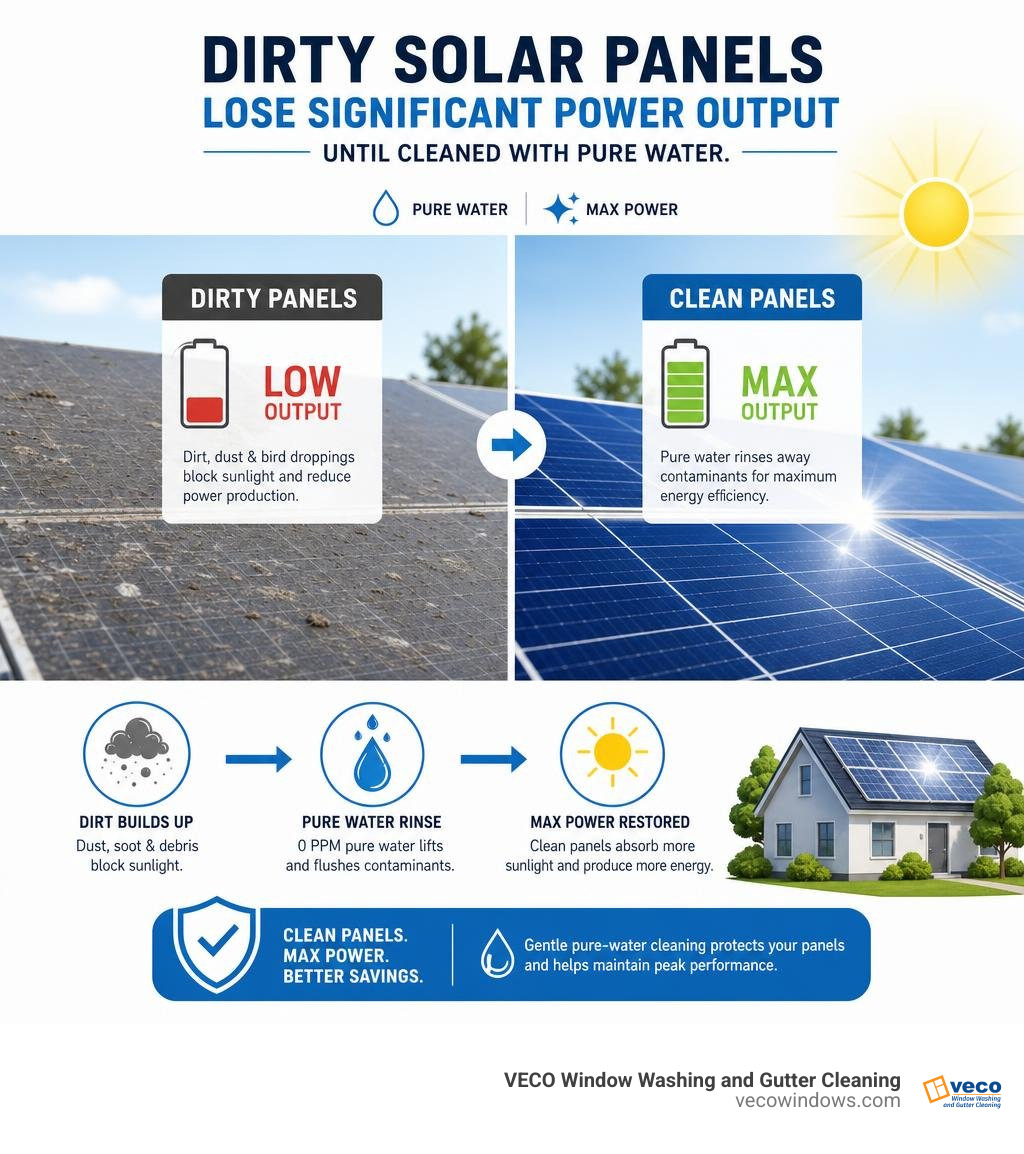 Dirty solar panels lose significant power output until cleaned with pure water infographic Dirty solar panels lose significant power output until cleaned with pure water infographic