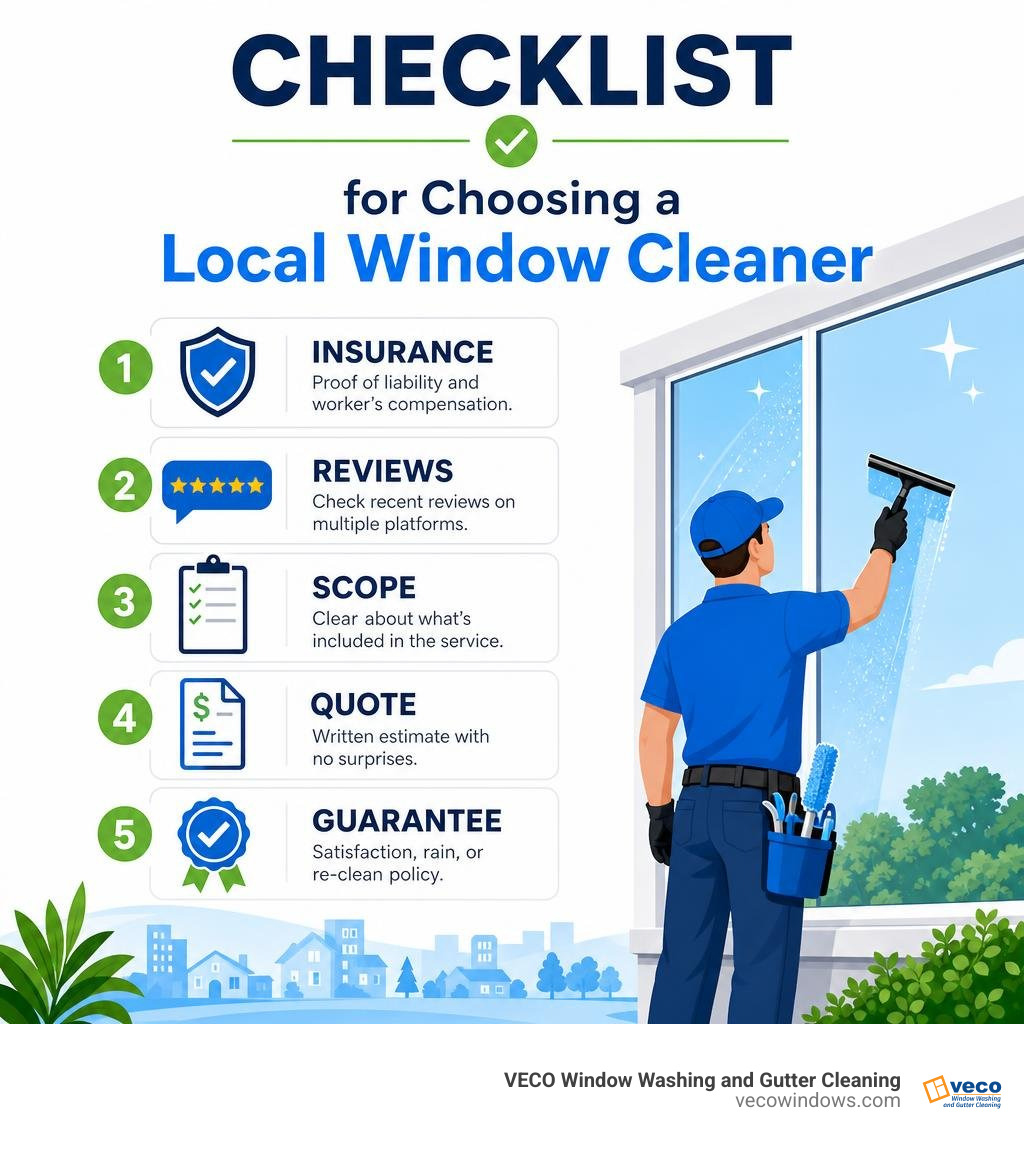 Checklist for choosing a local window cleaner: insurance, reviews, scope, quote, guarantee infographic Checklist for choosing a local window cleaner: insurance, reviews, scope, quote, guarantee infographic