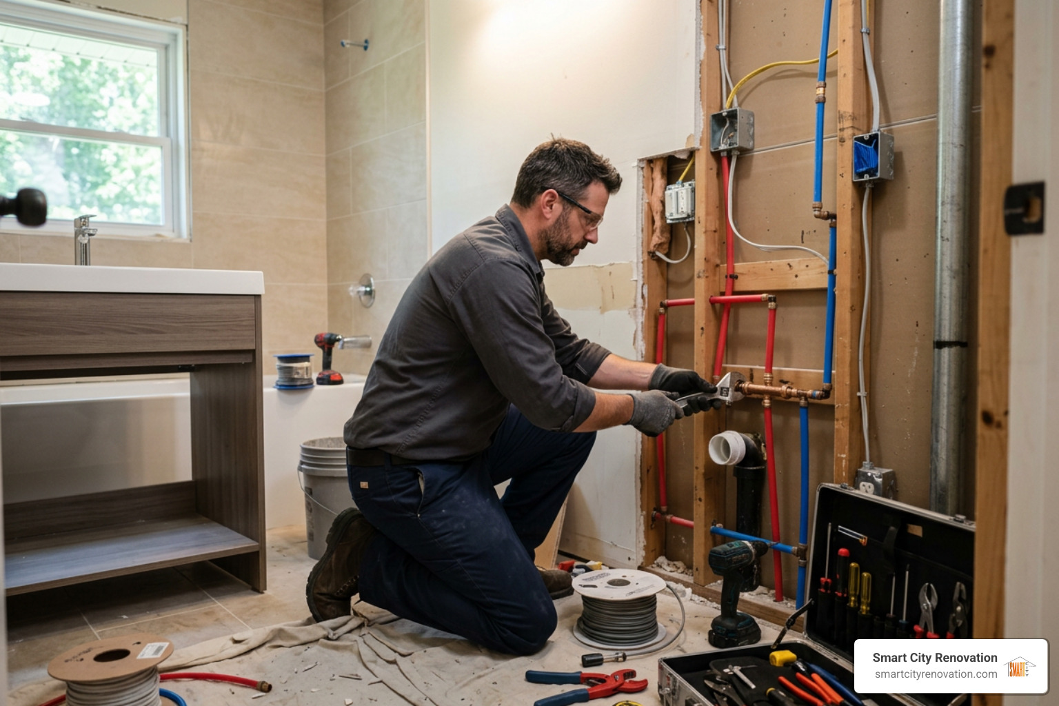 contractor working on bathroom plumbing and electrical installation