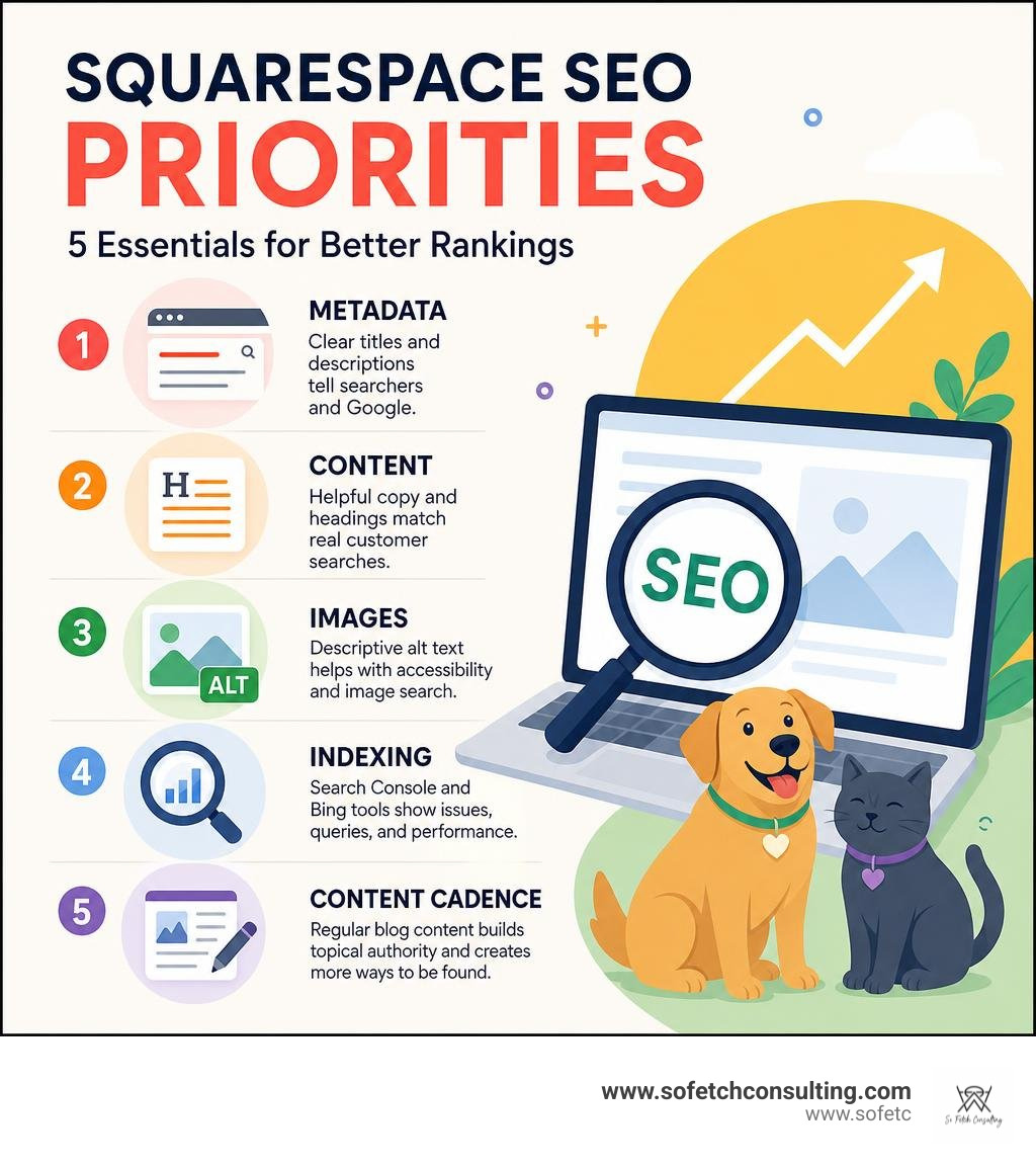 Squarespace SEO priorities: metadata, content, images, indexing, and tracking infographic Squarespace SEO priorities: metadata, content, images, indexing, and tracking infographic