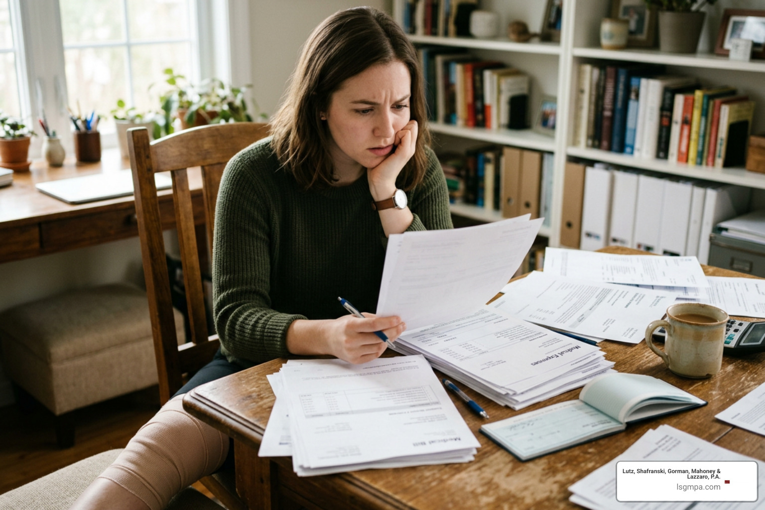 Injured crash victim reviewing medical bills and financial settlement paperwork Injured crash victim reviewing medical bills and financial settlement paperwork