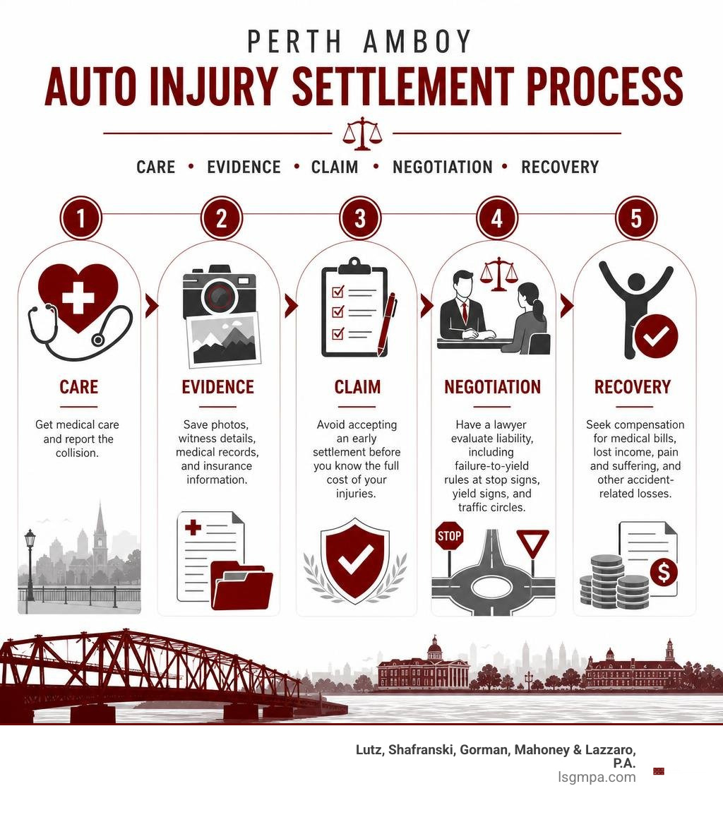 Perth Amboy auto injury settlement process: care, evidence, claim, negotiation, recovery infographic Perth Amboy auto injury settlement process: care, evidence, claim, negotiation, recovery infographic