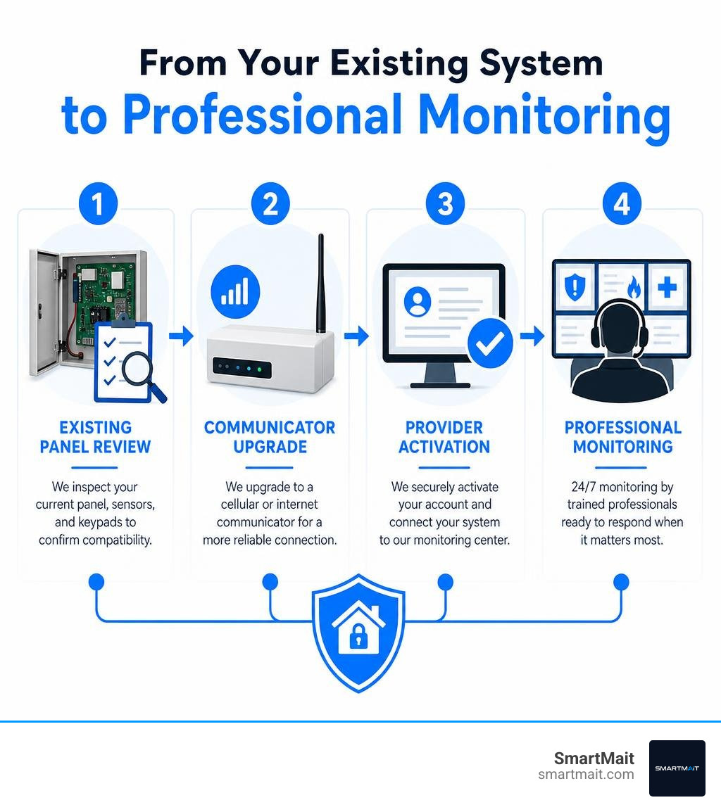 Infographic: existing panel review, communicator upgrade, provider activation, professional monitoring infographic Infographic: existing panel review, communicator upgrade, provider activation, professional monitoring infographic