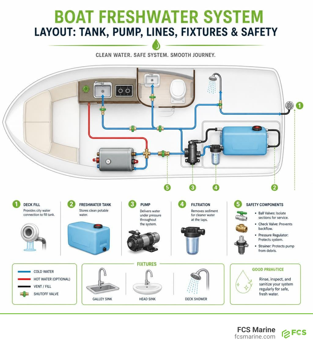 Boat freshwater system layout with tank pump lines fixtures and safety components infographic