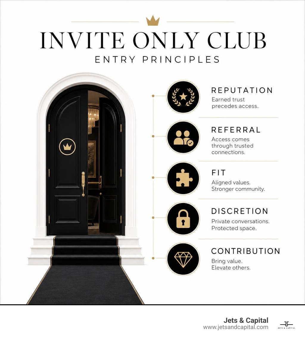Invite only club entry principles: reputation, referral, fit, discretion, and contribution infographic