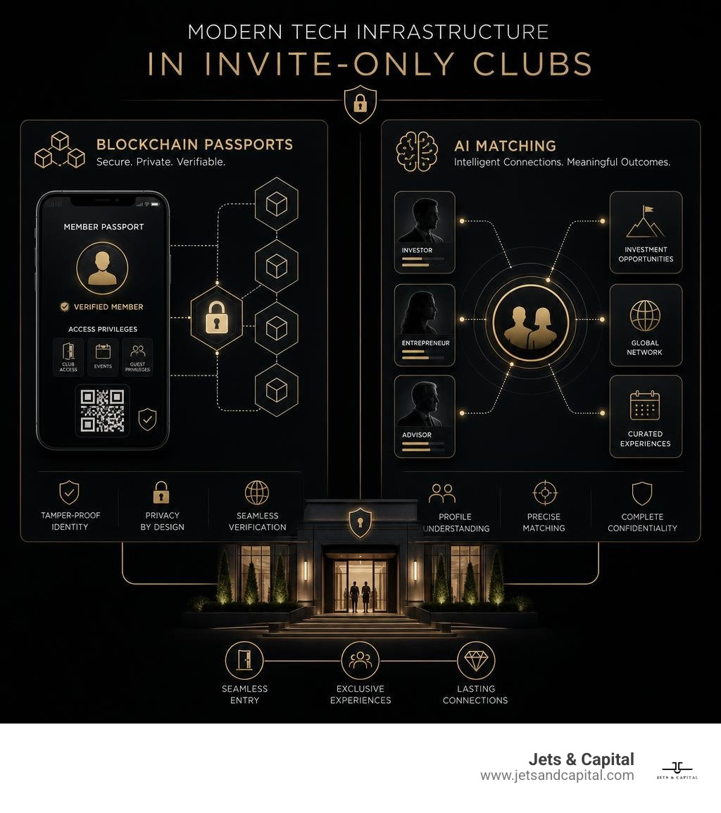 Modern tech infrastructure in invite only clubs showing blockchain passports and AI matching infographic