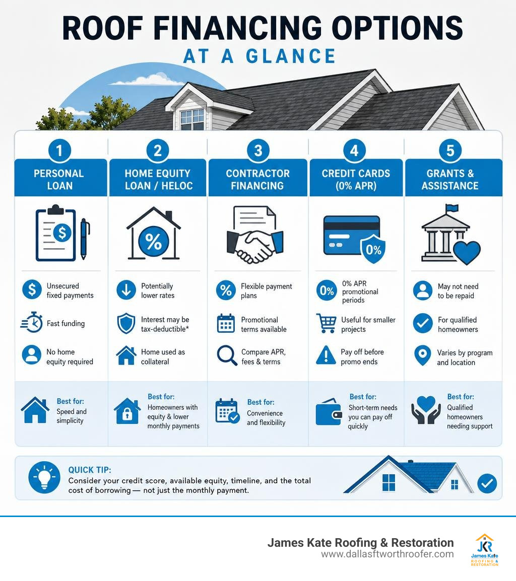 Roof financing options comparison: personal loans, equity loans, contractor plans, cards, and grants infographic Roof financing options comparison: personal loans, equity loans, contractor plans, cards, and grants infographic