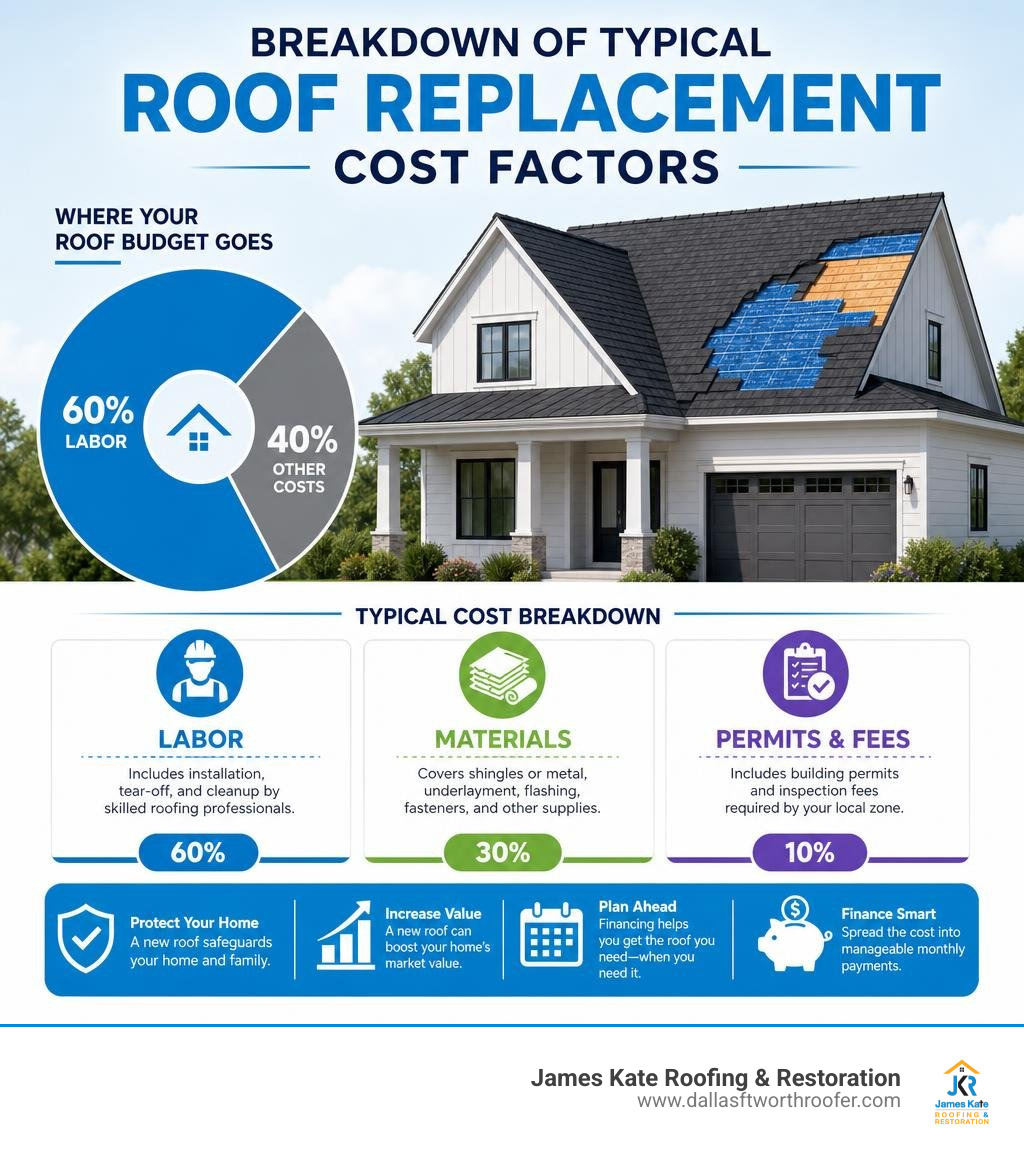 Breakdown of typical roof replacement cost factors including labor materials and permits infographic Breakdown of typical roof replacement cost factors including labor materials and permits infographic