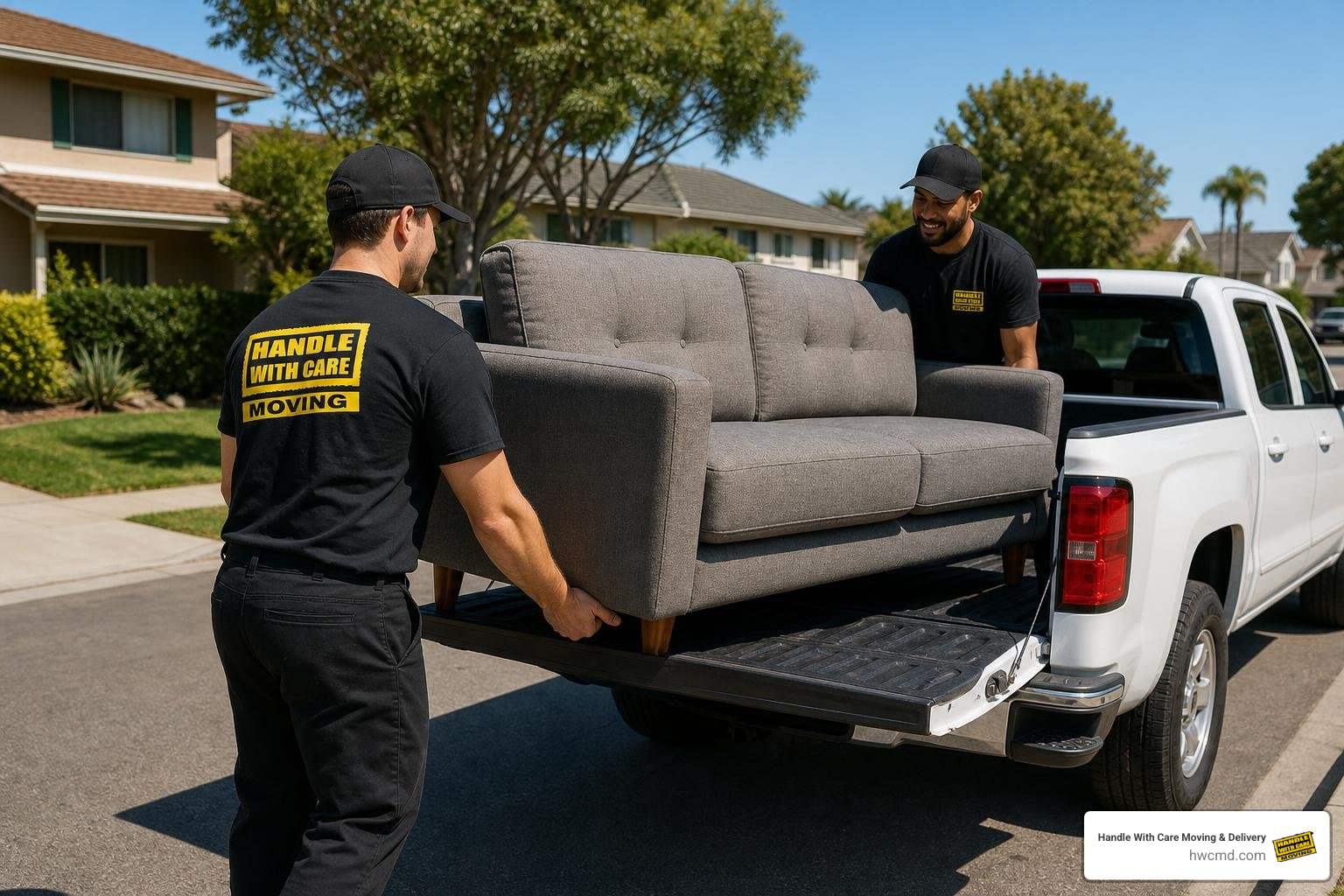 Helpers loading a couch into a pickup truck for a furniture delivery app move Helpers loading a couch into a pickup truck for a furniture delivery app move