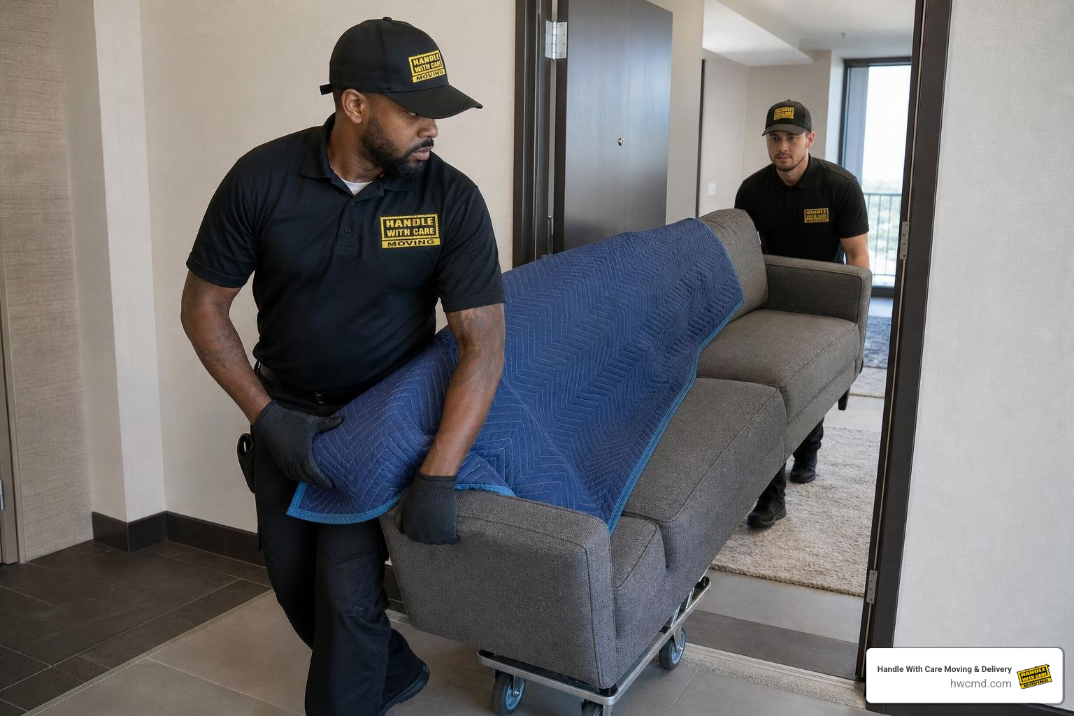 Professional delivery crew navigating sofa through apartment entrance Professional delivery crew navigating sofa through apartment entrance