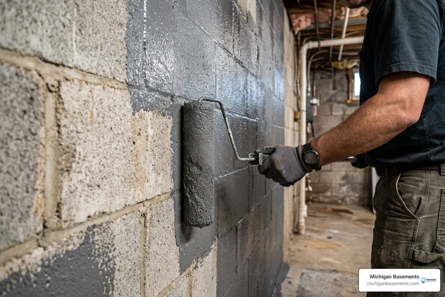 Heavy roller applying thick waterproof membrane coat to cinder block wall Heavy roller applying thick waterproof membrane coat to cinder block wall