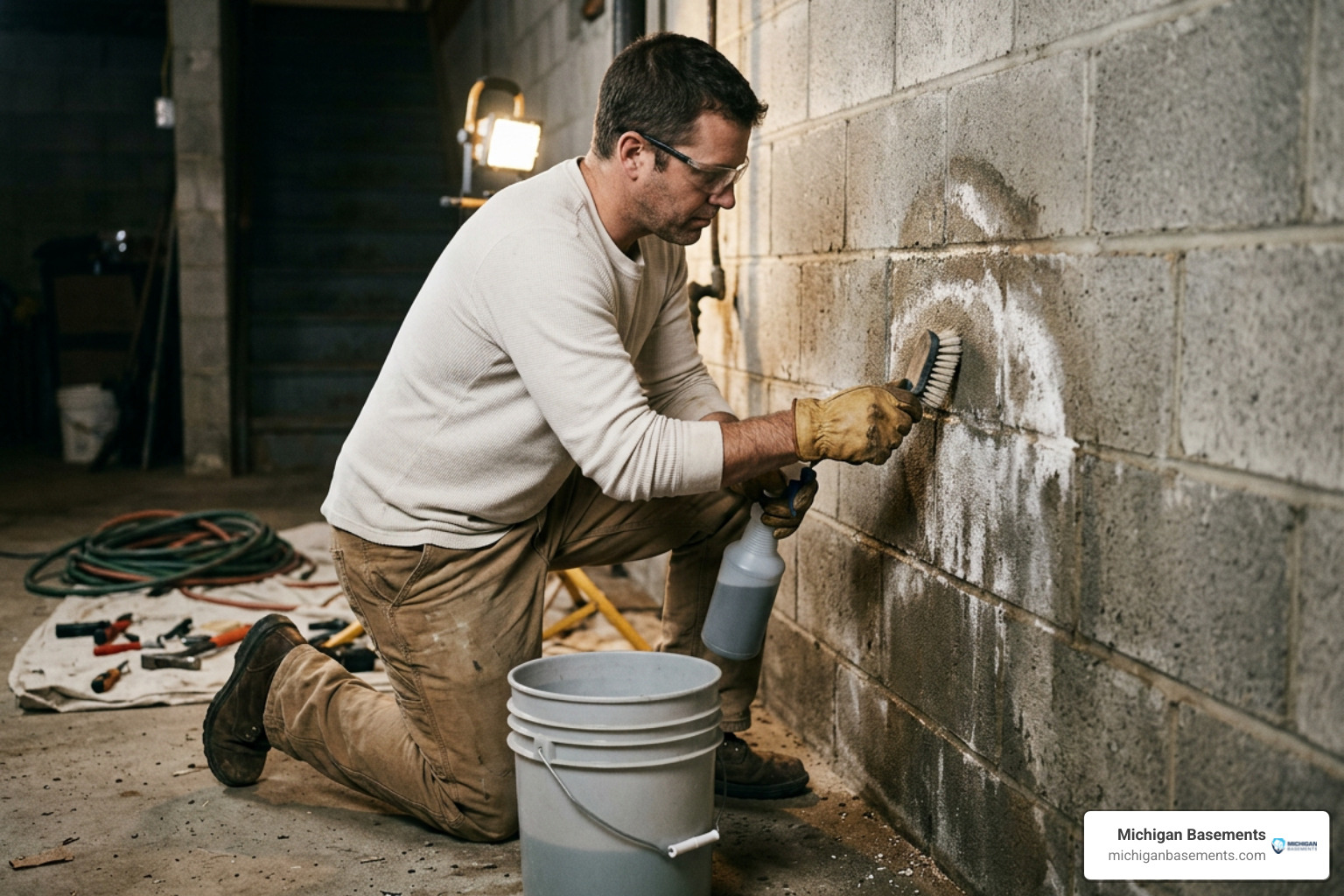 Contractor cleaning efflorescence and etching a basement wall before coating Contractor cleaning efflorescence and etching a basement wall before coating