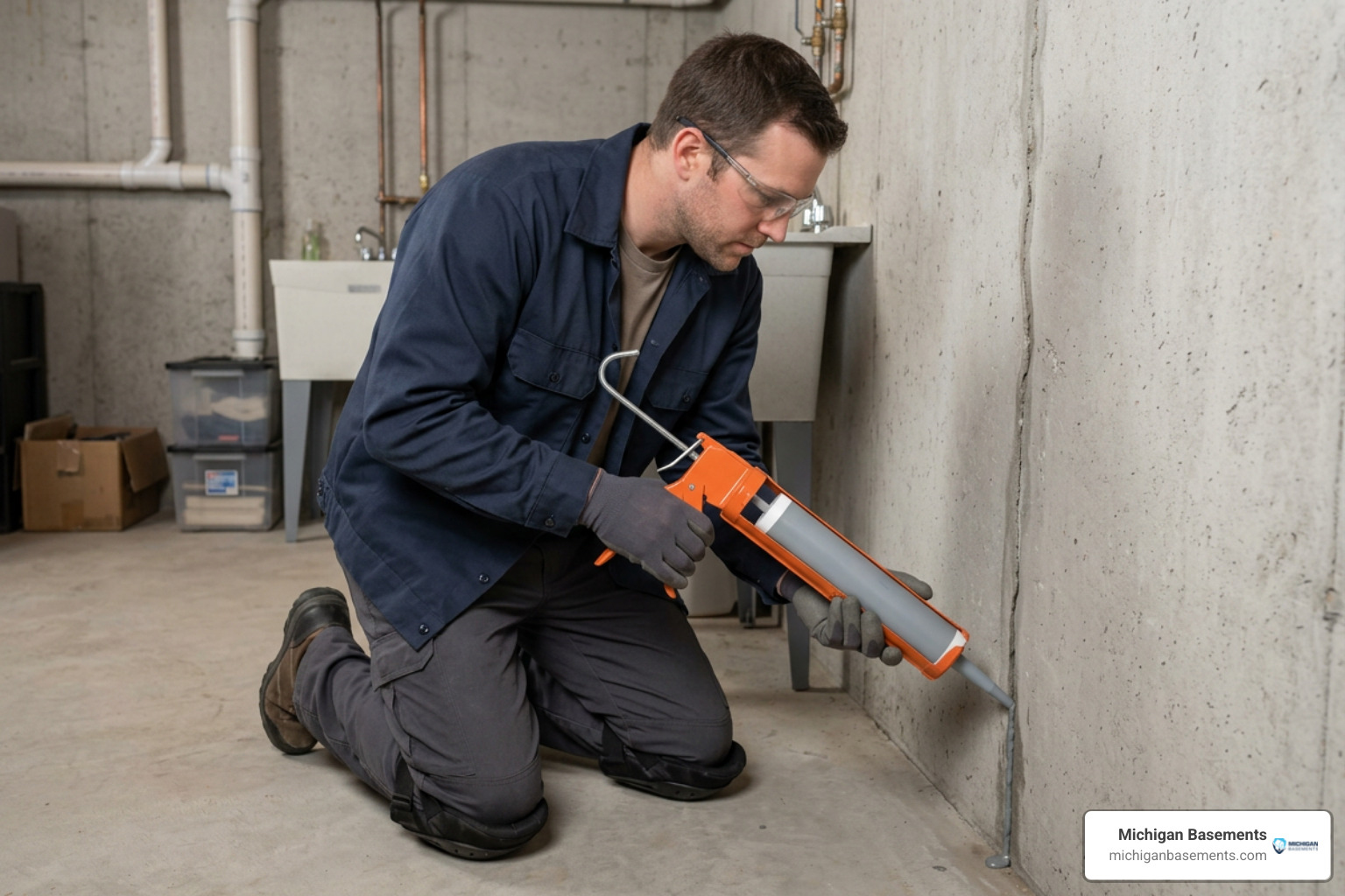 technician applying flexible polyurethane sealant to a concrete floor crack technician applying flexible polyurethane sealant to a concrete floor crack