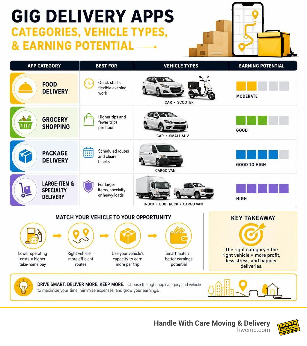 Gig delivery app categories, vehicle types, and earning potential infographic Gig delivery app categories, vehicle types, and earning potential infographic