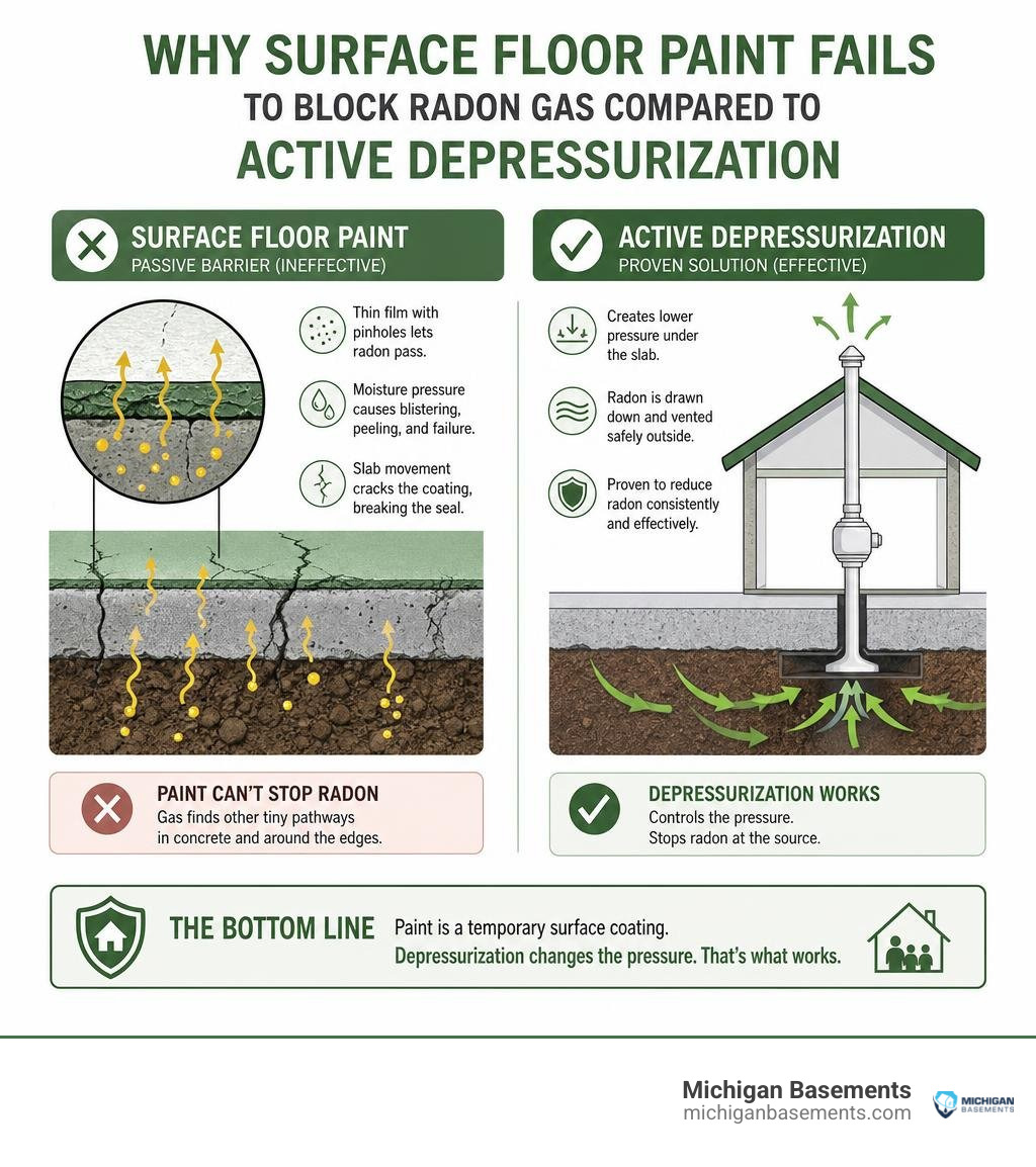 infographic outlining why surface floor paint fails to block radon gas compared to active depressurization infographic infographic outlining why surface floor paint fails to block radon gas compared to active depressurization infographic