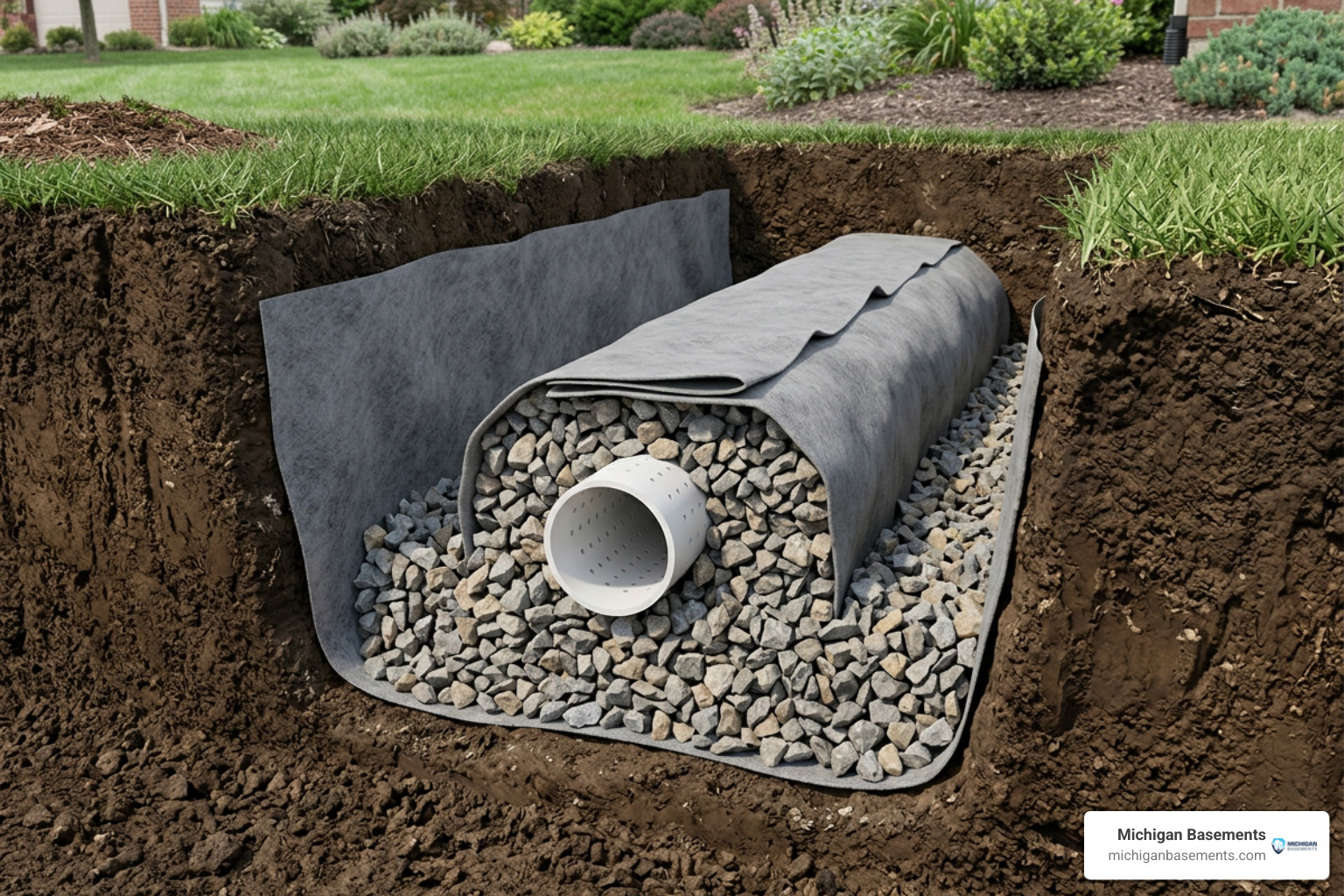 Geotextile-lined trench with perforated pipe bedding