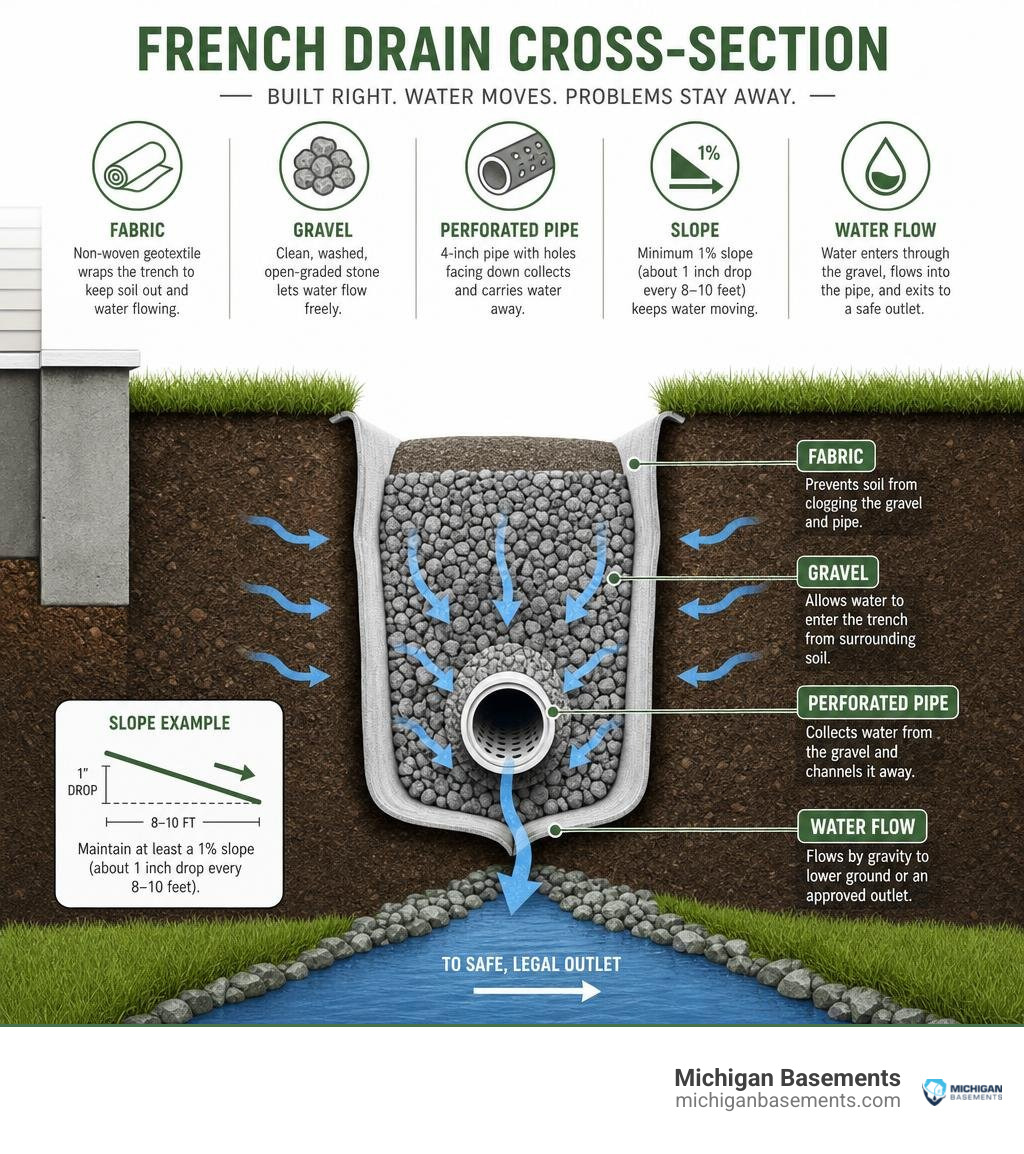 French drain cross-section showing fabric, gravel, perforated pipe, slope, and water flow infographic