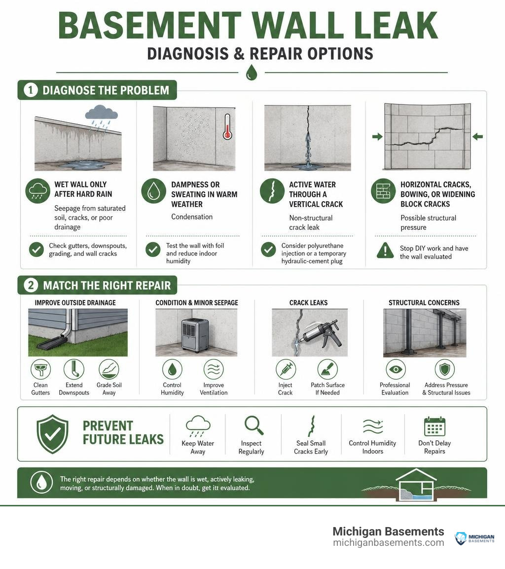 Basement wall leak diagnosis and repair options infographic Basement wall leak diagnosis and repair options infographic