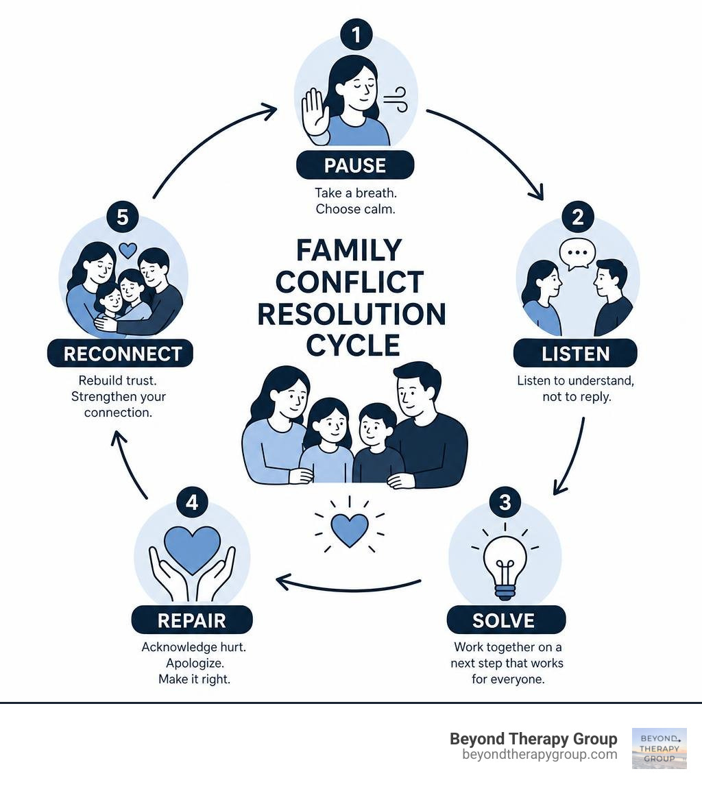 Family conflict resolution cycle: pause, listen, solve, repair, reconnect infographic Family conflict resolution cycle: pause, listen, solve, repair, reconnect infographic