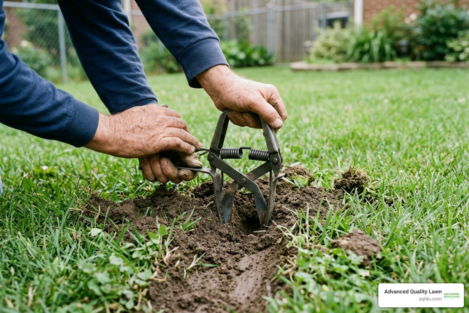 setting a mole trap in a yard
