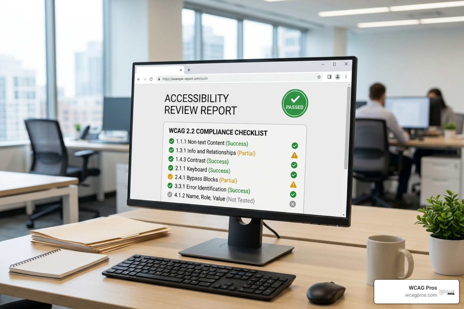A web browser displaying an accessibility compliance report badge and WCAG 2.2 audit checklist A web browser displaying an accessibility compliance report badge and WCAG 2.2 audit checklist