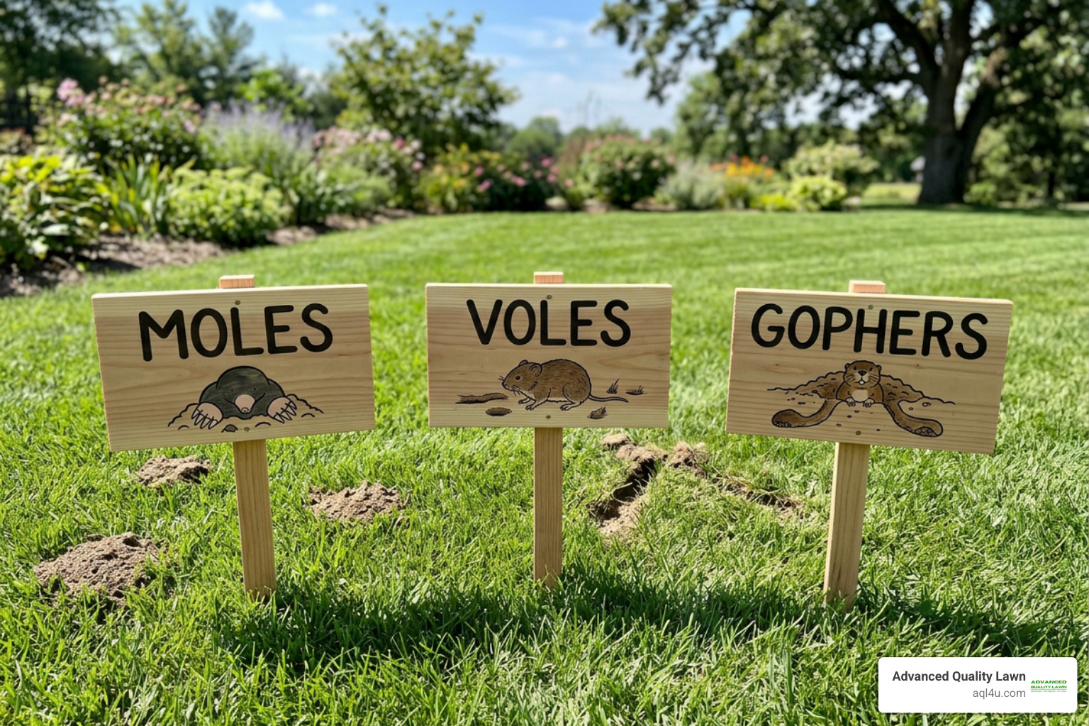 moles vs voles vs gophers yard signs