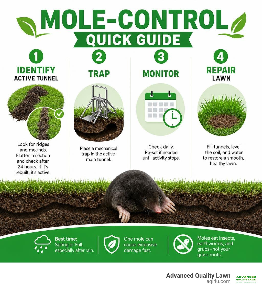 Mole-control quick guide: identify active tunnel, trap, monitor, repair lawn infographic