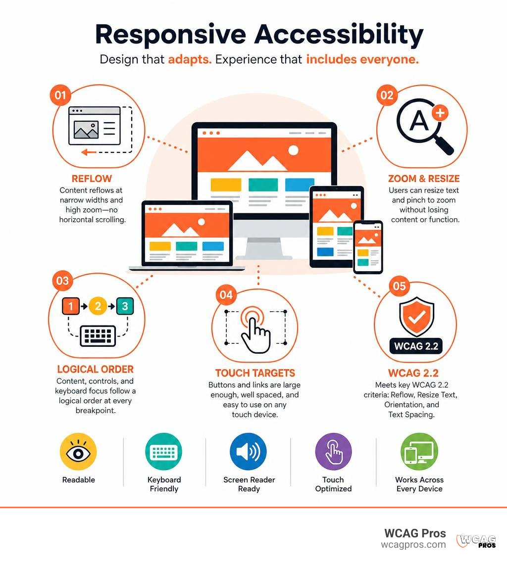 Responsive accessibility infographic: reflow, zoom, logical order, touch targets, and WCAG 2.2 infographic Responsive accessibility infographic: reflow, zoom, logical order, touch targets, and WCAG 2.2 infographic