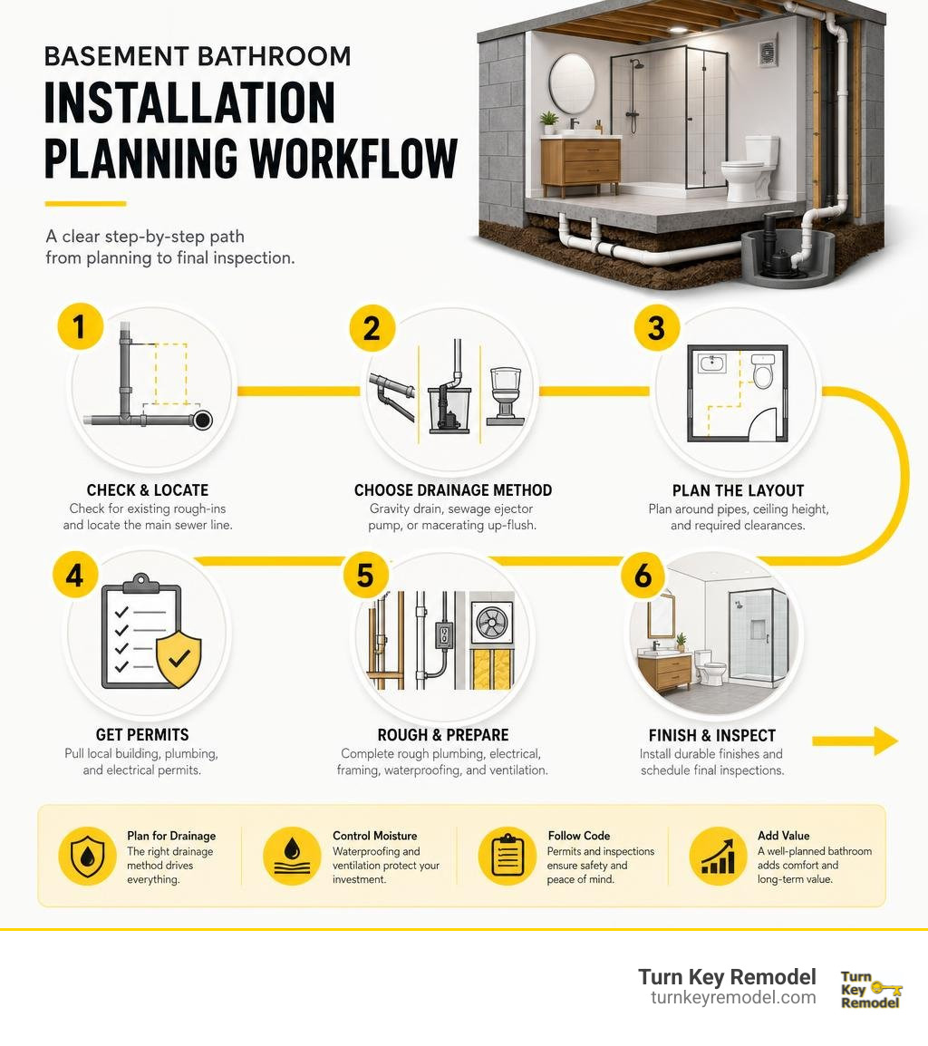Basement bathroom installation planning workflow infographic Basement bathroom installation planning workflow infographic