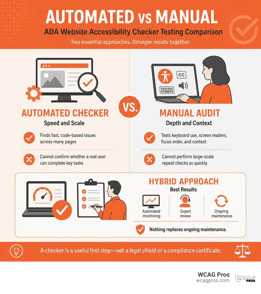Automated and manual ADA website accessibility checker testing comparison infographic Automated and manual ADA website accessibility checker testing comparison infographic