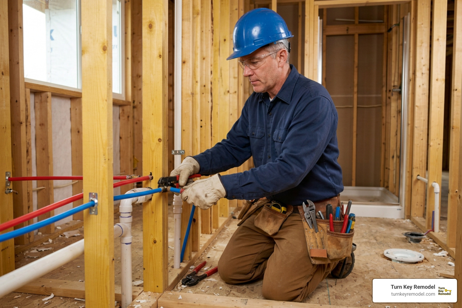 licensed plumber installing rough-in PEX supply lines and drain lines licensed plumber installing rough-in PEX supply lines and drain lines