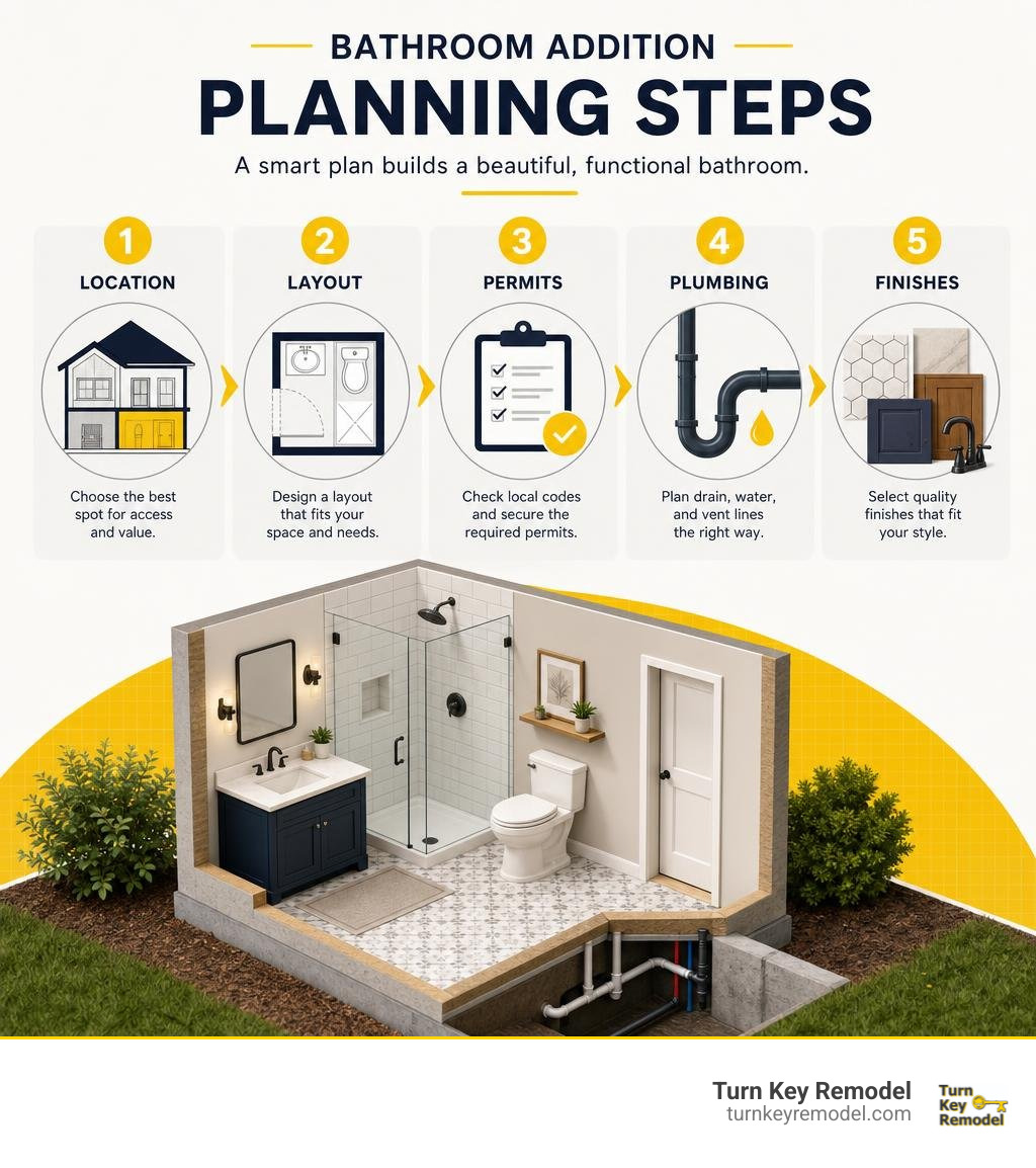 Bathroom addition planning steps: location, layout, permits, plumbing, finishes infographic Bathroom addition planning steps: location, layout, permits, plumbing, finishes infographic