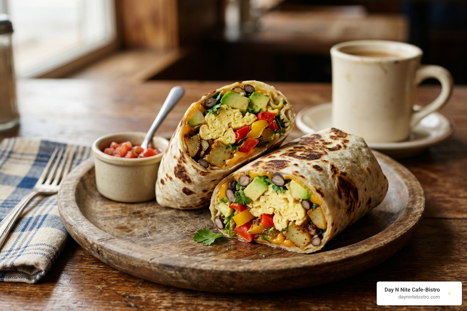 fresh breakfast burrito with seasonal ingredients