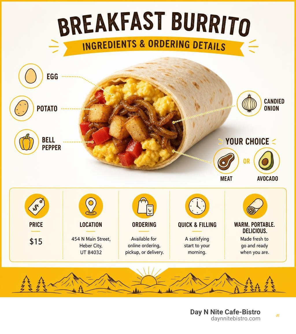 Breakfast burrito ingredients and ordering details infographic